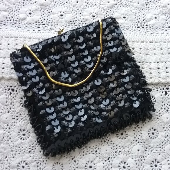 Vintage Black Sequined Evening Bag Handmade in Hong Kong - Picture 6 of 7